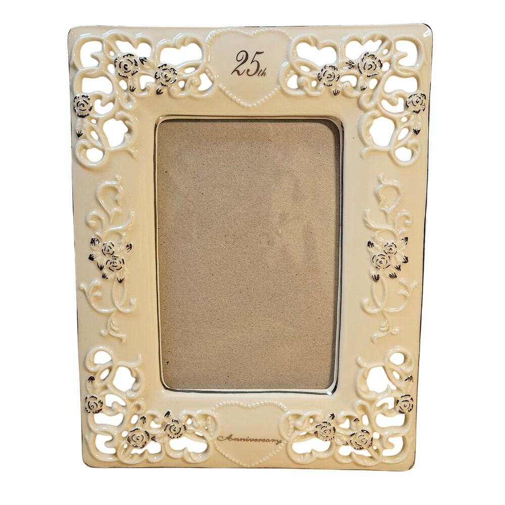 VTG Enesco Ivory Porcelain 25th Wedding Anniversary 4x6 Cut Out Picture Frame